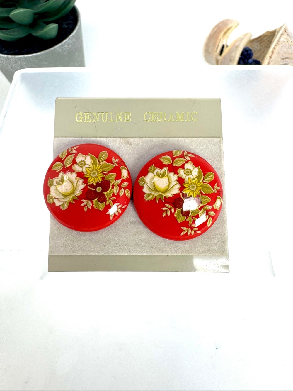 Vintage 1970s Red Ceramic Floral Button Stud Earrings - New Old Stock